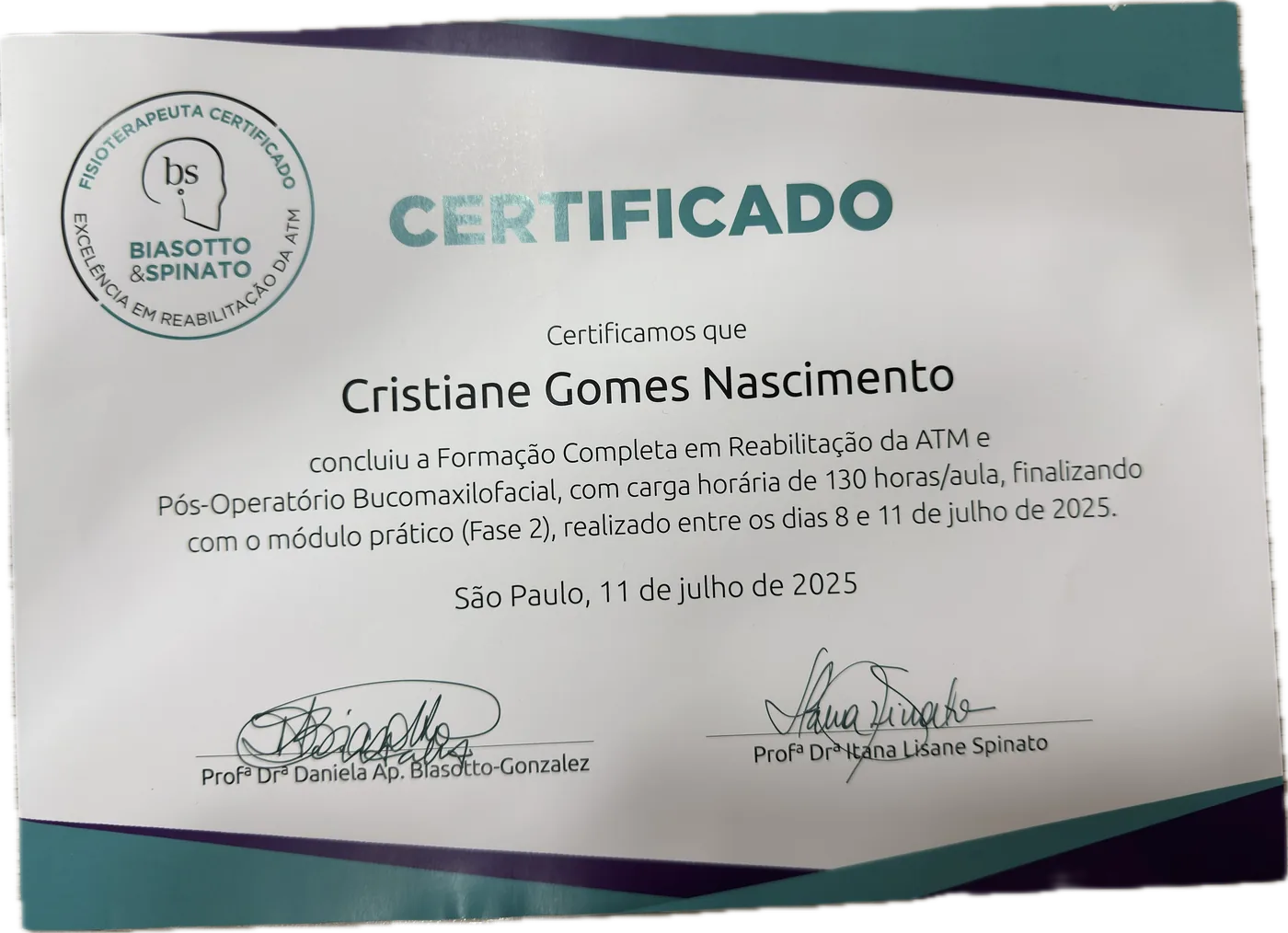 Certificado: Formação Completa em Reabilitação da ATM e Pós-Operatório Bucomaxilofacial