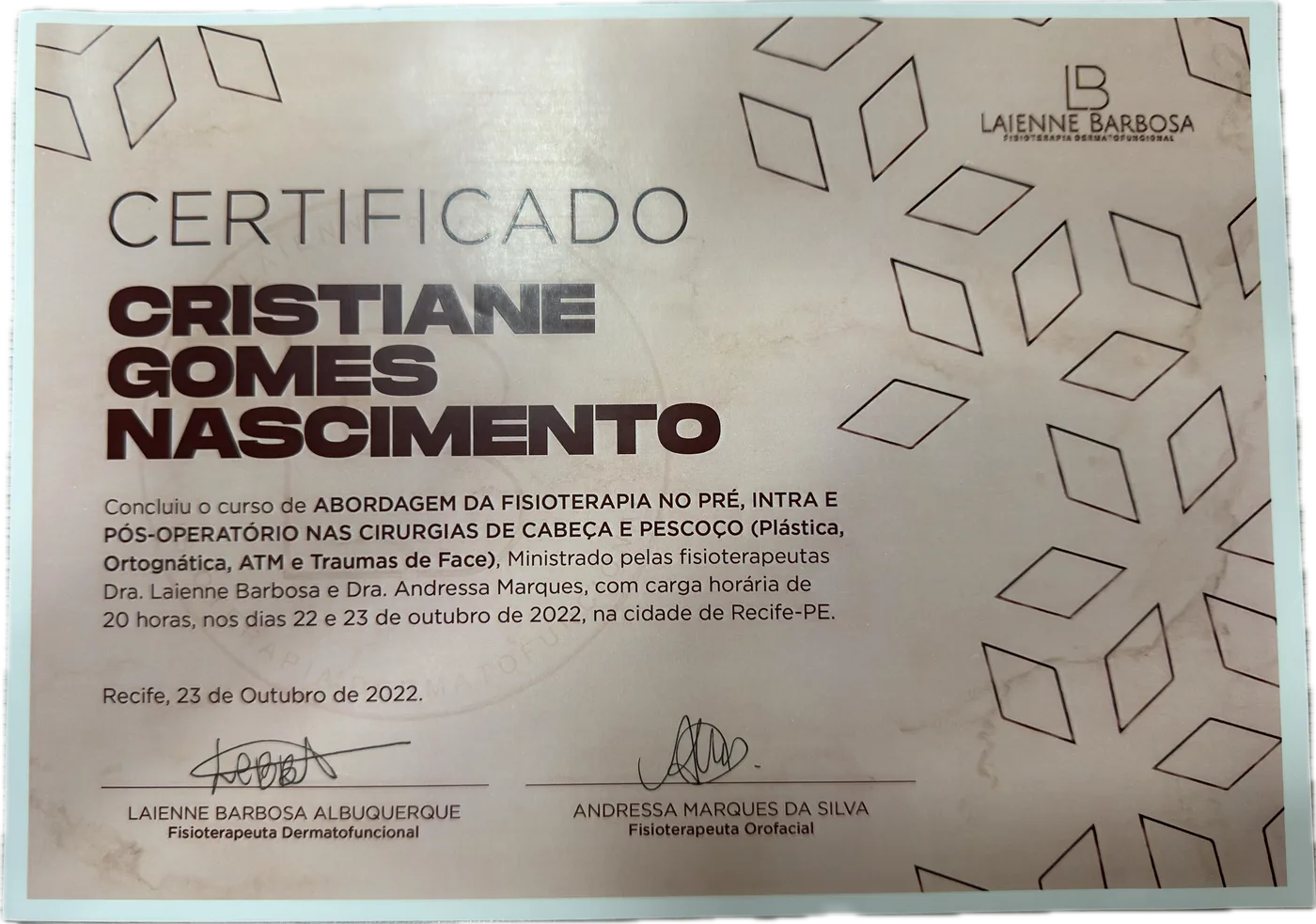 Certificado: Abordagem da Fisioterapia no Pré, Intra e Pós-Operatório nas Cirurgias de Cabeça e Pescoço