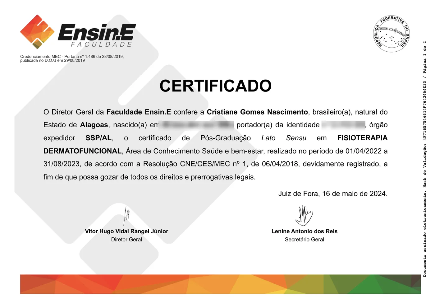 Certificado: Pós-Graduação em Fisioterapia Dermatofuncional